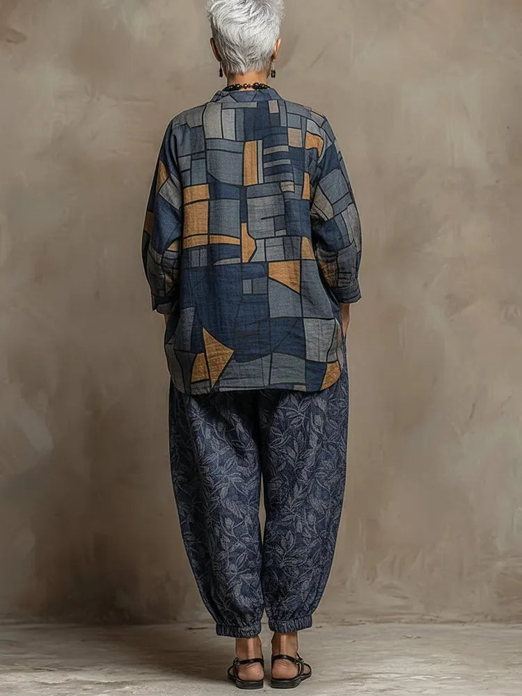 Bohemian Art-print Linen And Cotton Two-piece Top And Pants Set