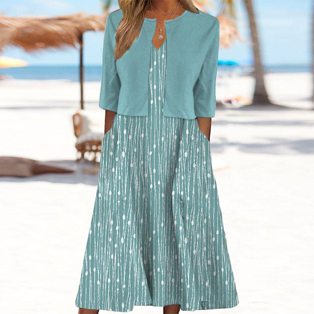 Unique Blue Plant Print Midi Dress With Jacket