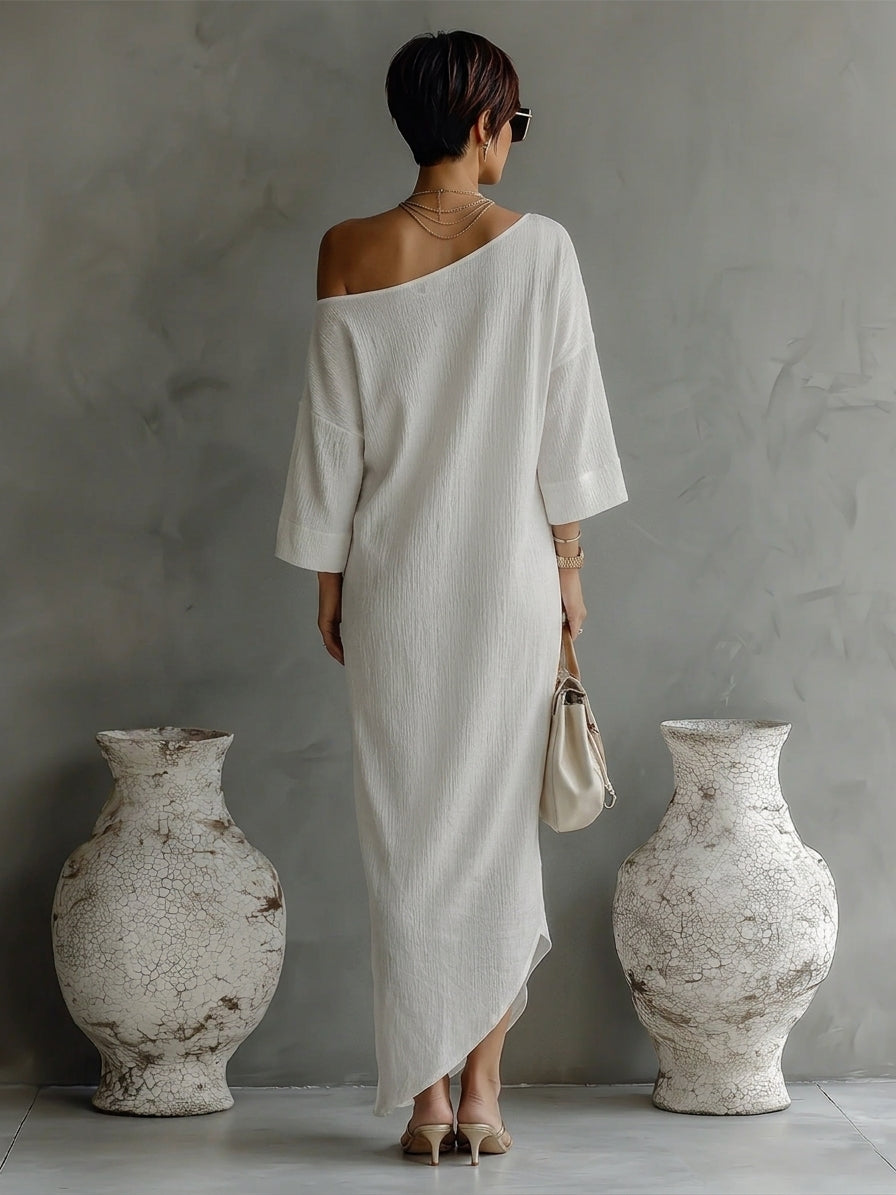 Women's Ivory White Cotton-Linen Blend One-Shoulder Flowing Elegant Dress MDA3032K4T