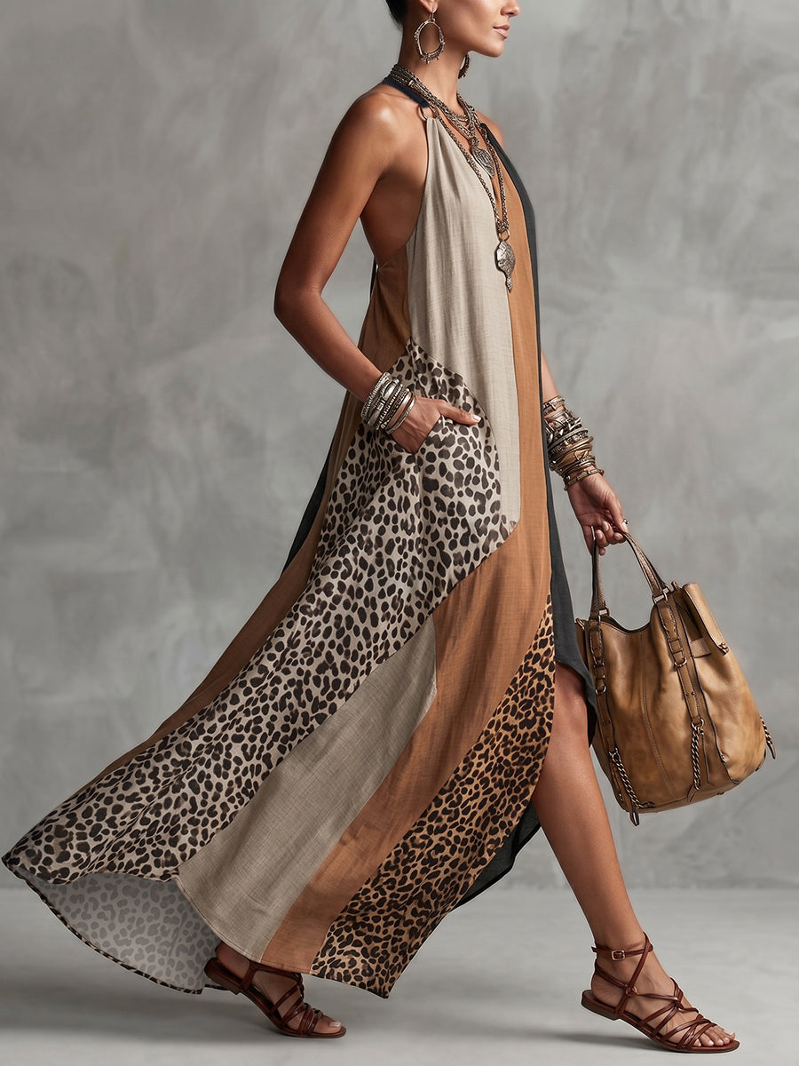 Terina - Long Dress with Leopard Print Panels