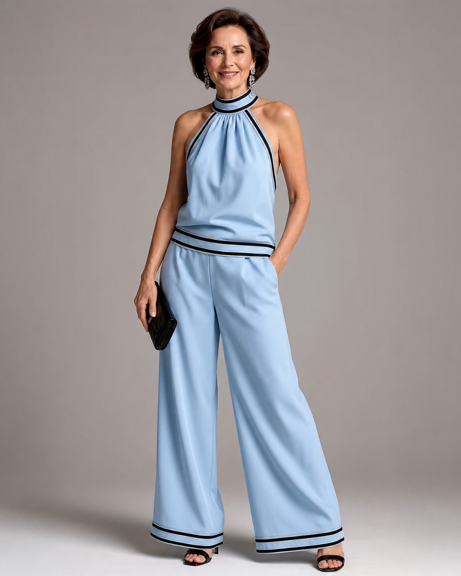 Zephyrine | Contrast Trim Halter Neck Wide Leg Jumpsuit