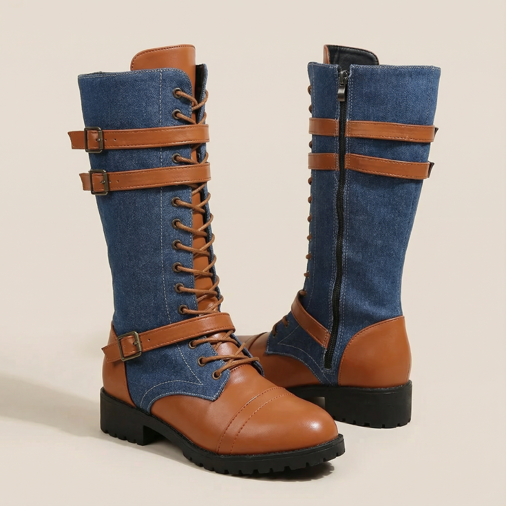Denara - Denim and Leather Mid-Calf Riding Boots
