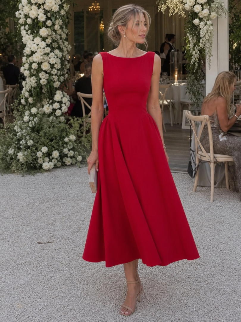 Corane | Sleeveless Crew Neck Fitted Bodice Midi Dress