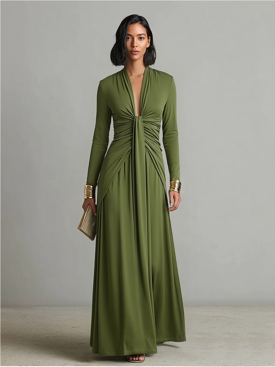 Women's Olive Silky Stretchy Dress With Deep V-Neck & Ruched Detail, Glamorous Maxi Dress MDA0509L8I