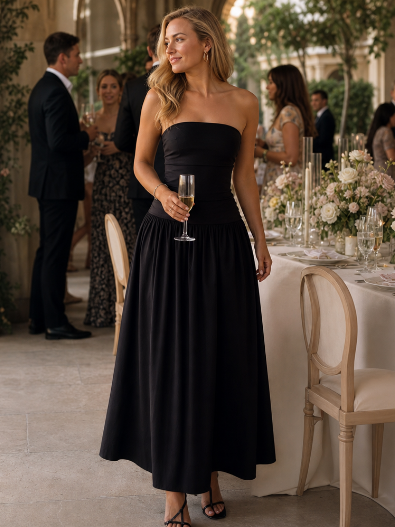 Zelene | Strapless Ruched Bodice Midi Dress