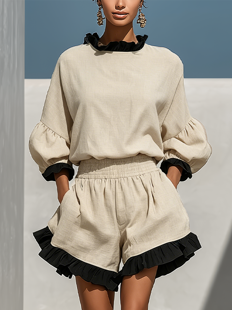 Women’s Beige Linen-Blend Contrast Ruffle Trim Long Sleeve Blouse & High-Waisted Ruffle Hem Shorts Two-Piece Set MDZ1018D0T