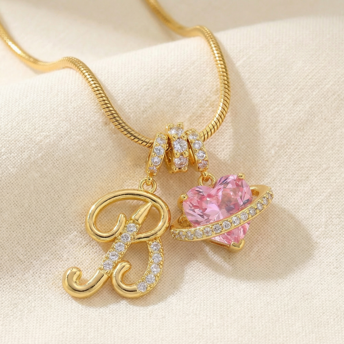 LUMARA – 3-Layer Initial Necklace with Pink Heart Zircon