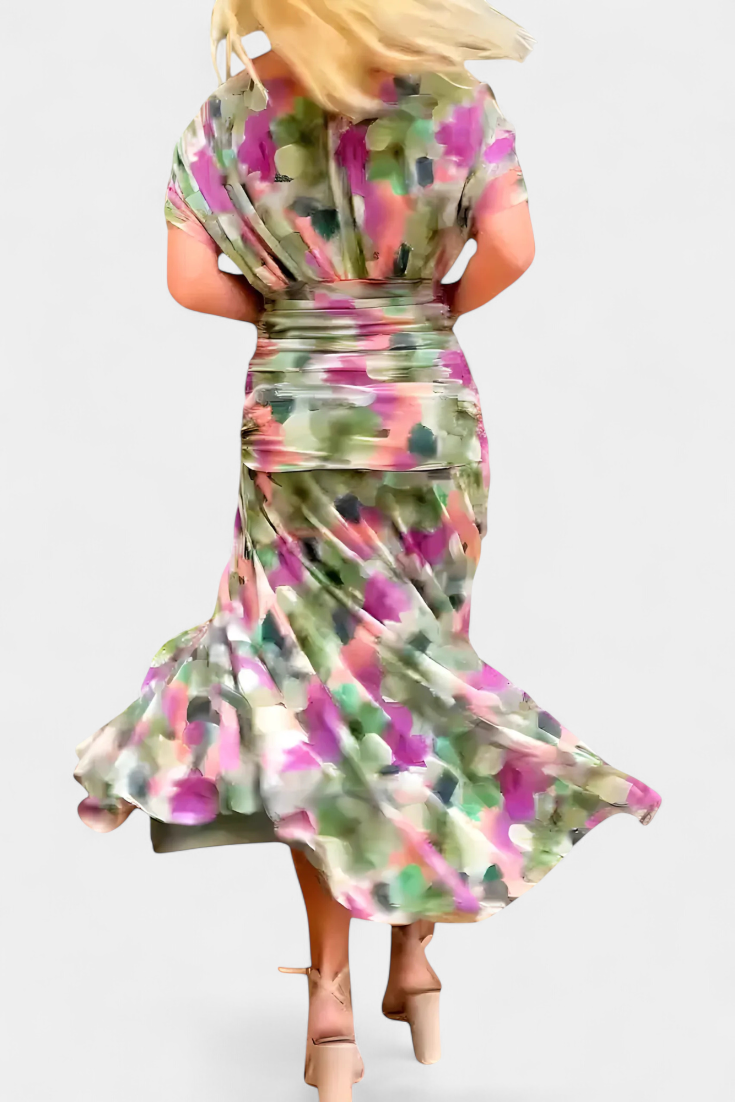 Florendra™ | Long Floral V Neck Dress