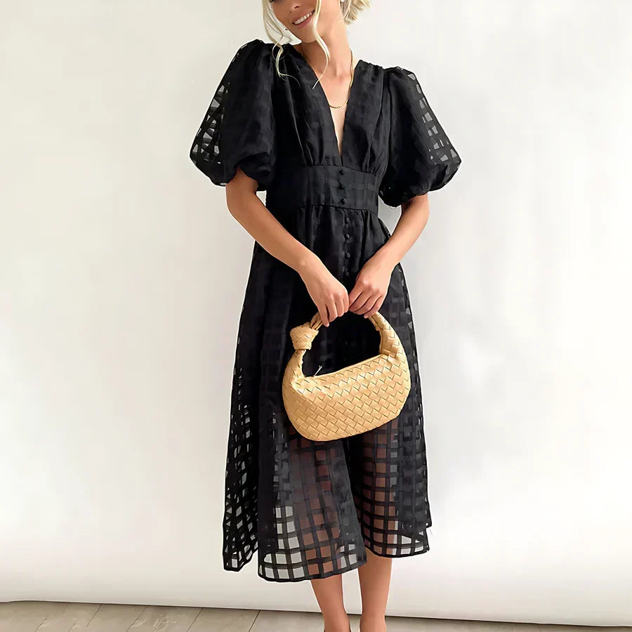 Caelis | Classic Patterned Puff Sleeve Midi Dress