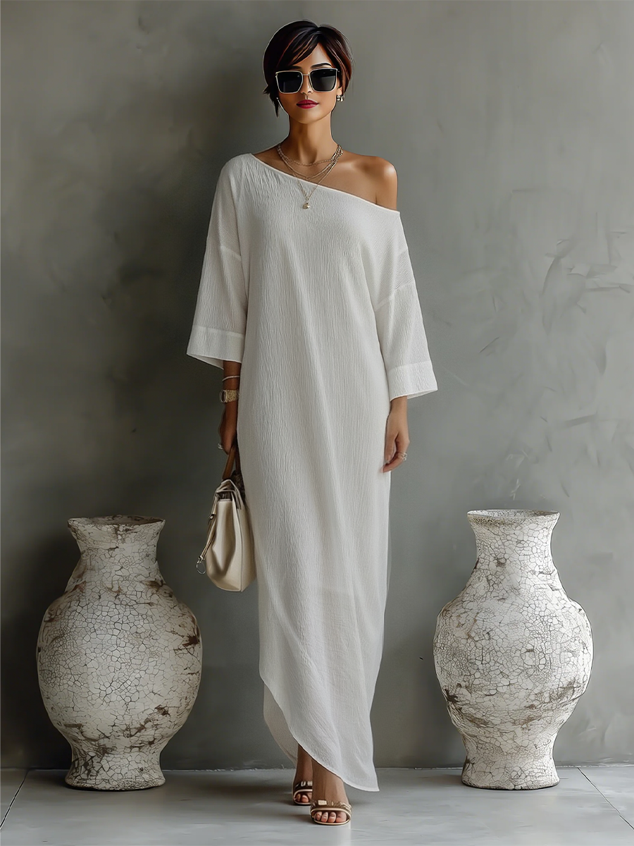 Women's Ivory White Cotton-Linen Blend One-Shoulder Flowing Elegant Dress MDA3032K4T