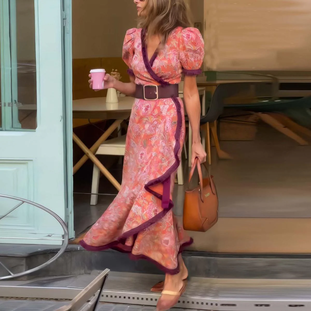 Elegant Pink Short Sleeve Maxi Dress
