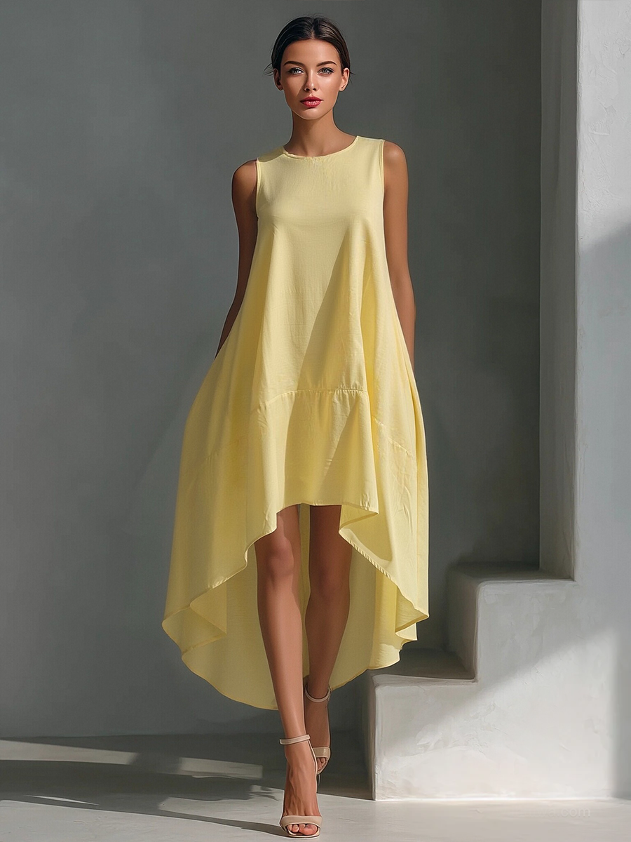White Linen Sleeveless Midi Dress for Women with Round Neck and Asymmetrical Hem