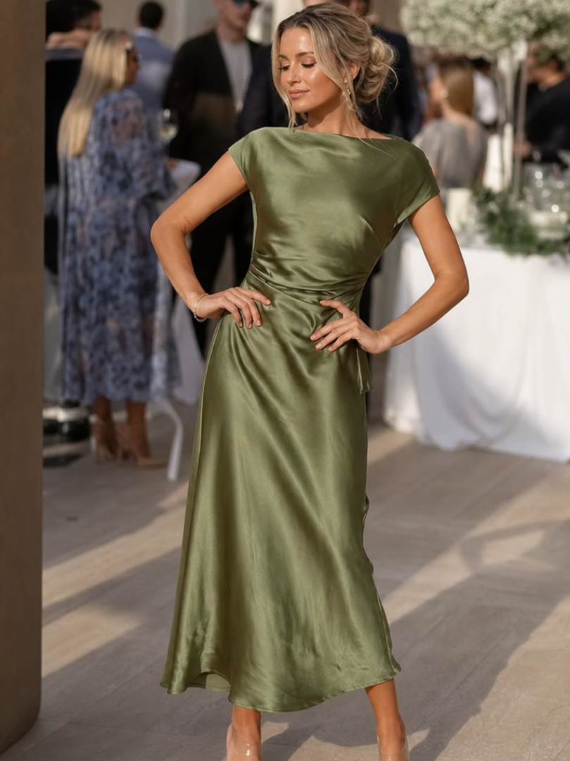 Elure | Short Sleeve Boat Neck Fitted Silhouette Midi Dress