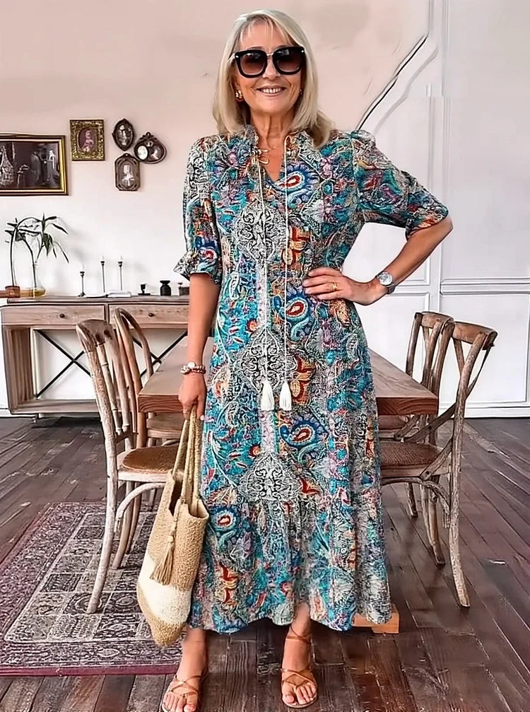 Carolette - Boho Drawstring Neck Maxi Dress