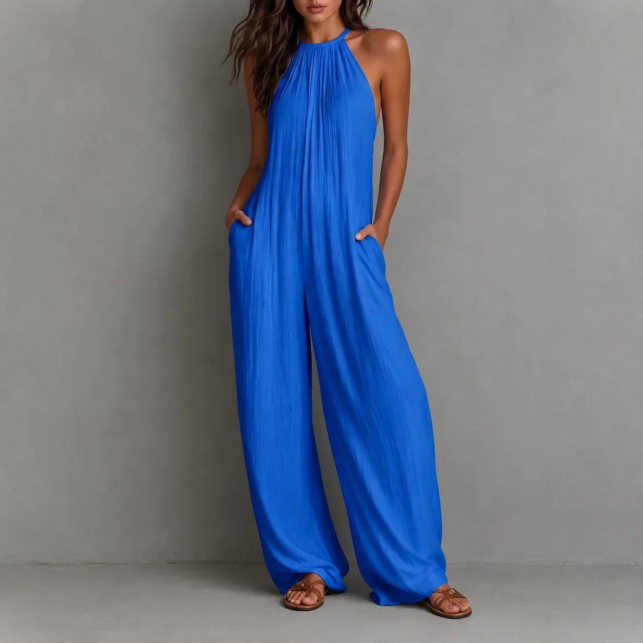 Drevana – Halter Wide-Leg Jumpsuit with Deep Pockets, Flowy Drape