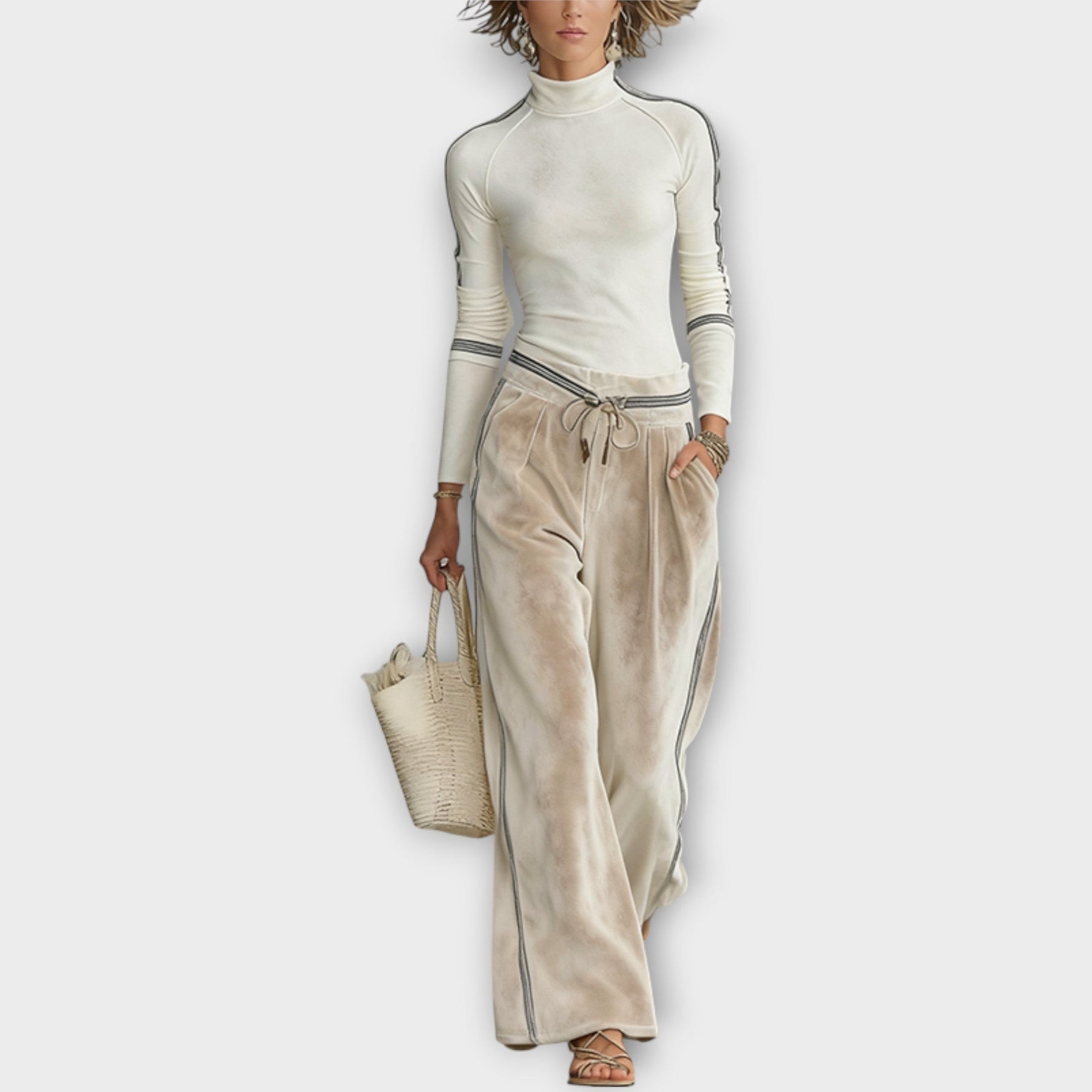 Upper Knit Set with Contrast Finish and Lounge Velvet Pants