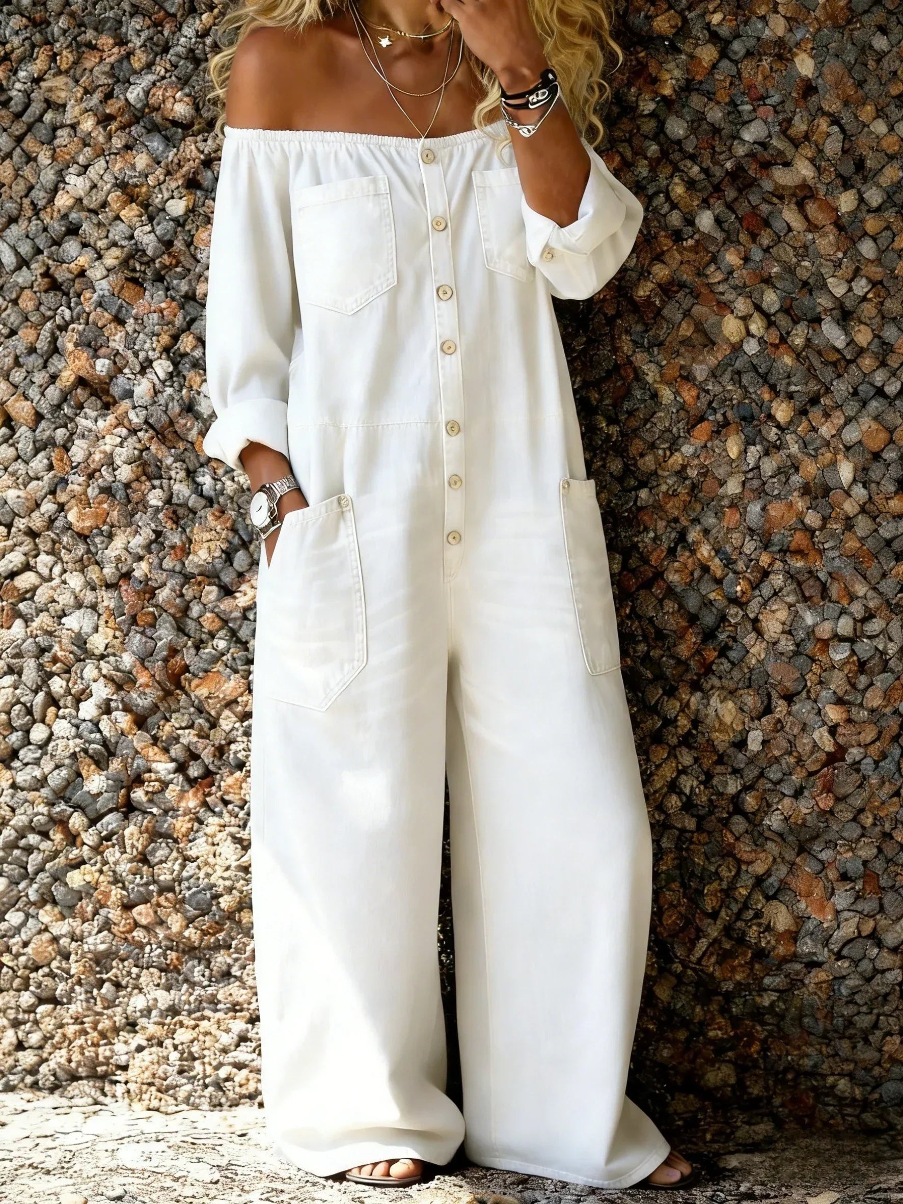 Noa | Denim Overalls with Off-Shoulder Neckline