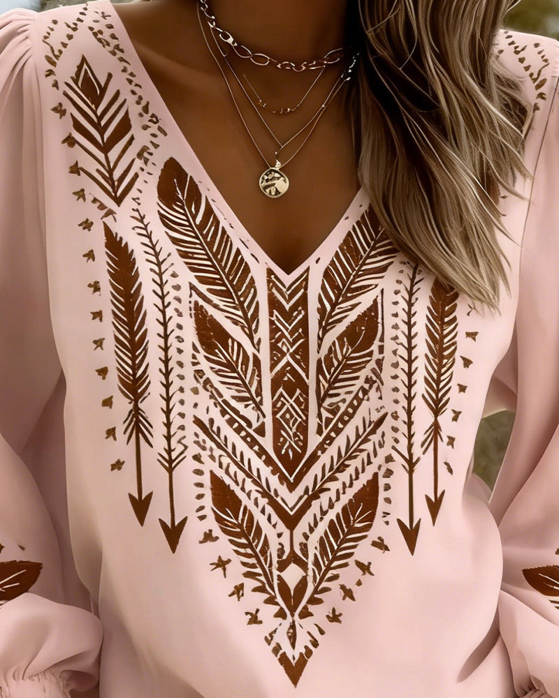 V-Neck Blouse with Puff Sleeves and Relaxed Fit