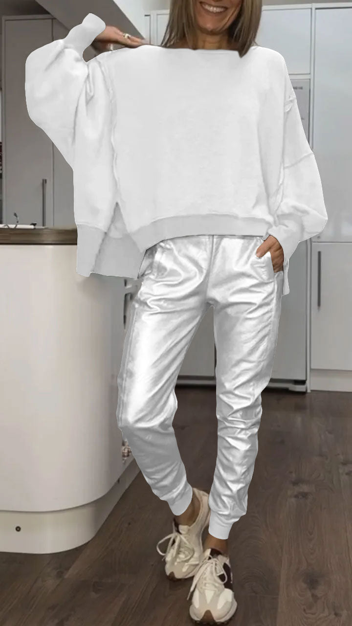 Casual Set with Round Neck for Women + Leather Pants