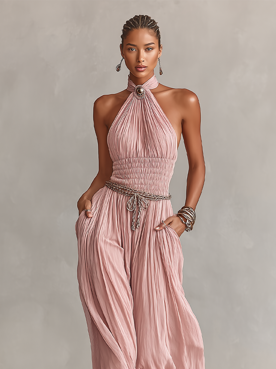 Women's Blush Pleated Jumpsuit With Halter Neck & Ruched Waist, Timeless Romantic-Elegant Style Jumpsuit (without Belt) MDZ1133B7I