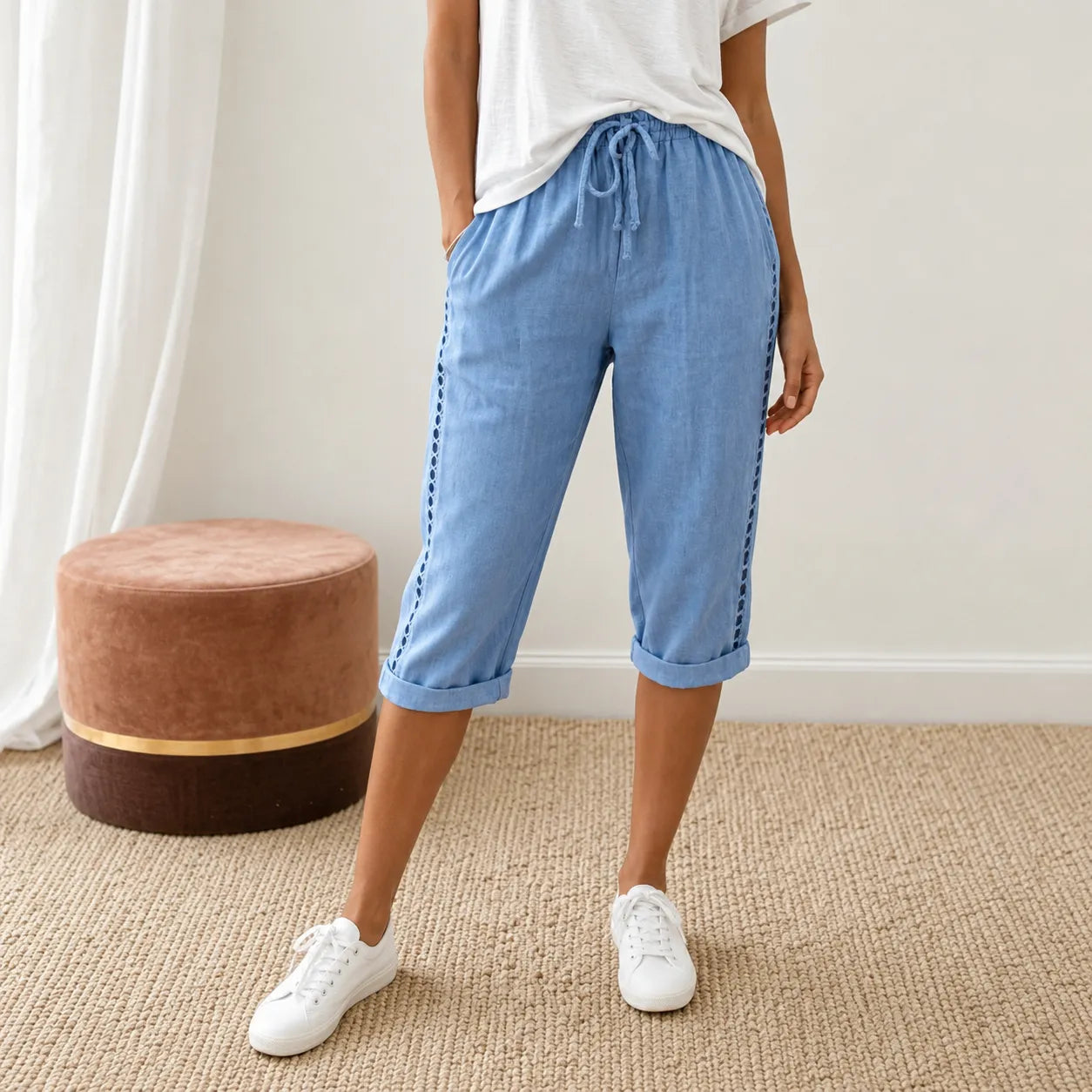 Loravie – Eyelet Trim Cotton-Linen-like Capri Pants with Drawstring Waist