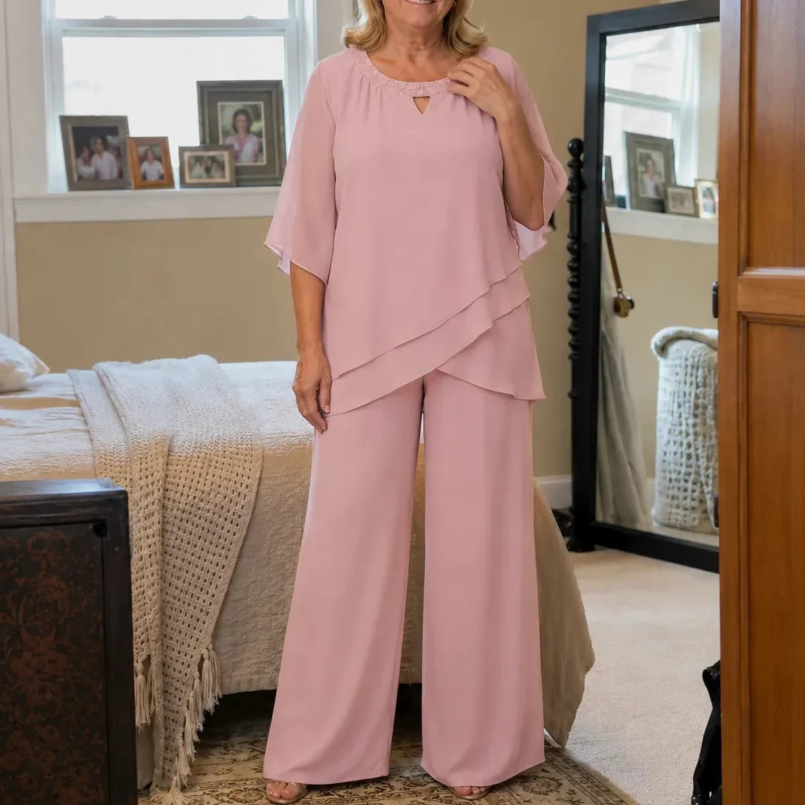 Elowen – Layered Chiffon-like Wedding Guest Pant Set for Women