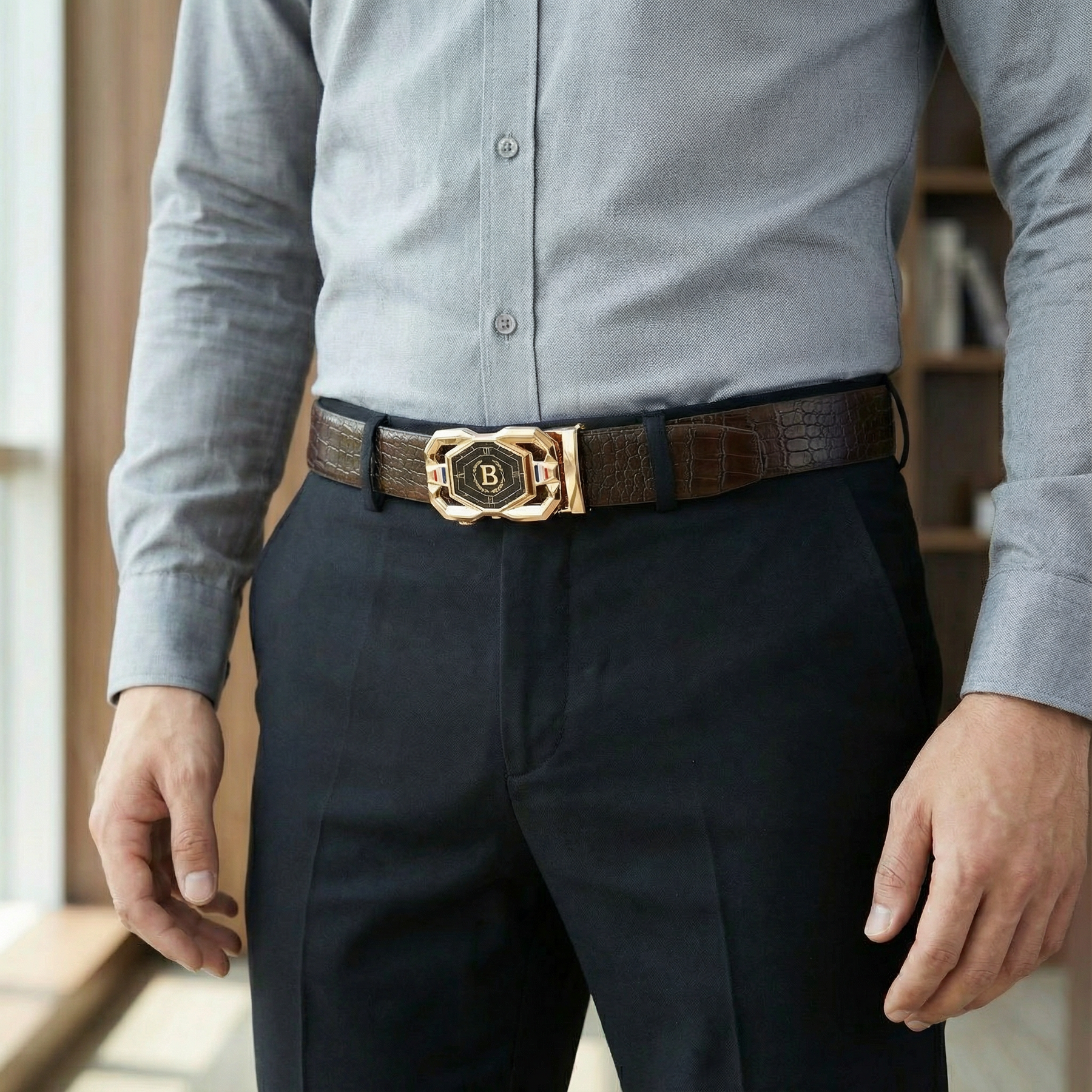 Beltoni - Crocodile leather belt with auto lock buckle