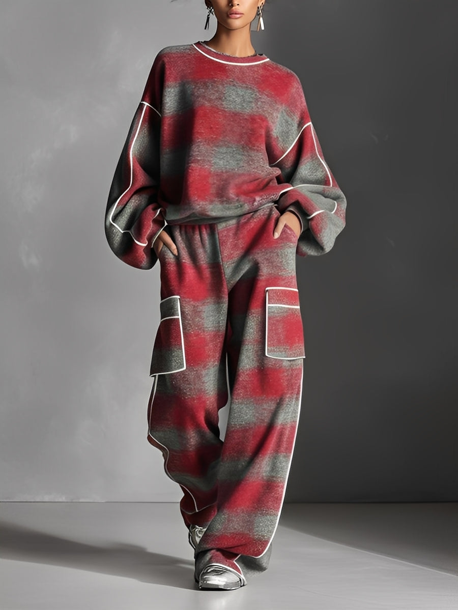 Women's Red And Gray Plaid Brushed Distressed Street Style Color-Blocked Piping Pantsuit Set MDA1065K4I
