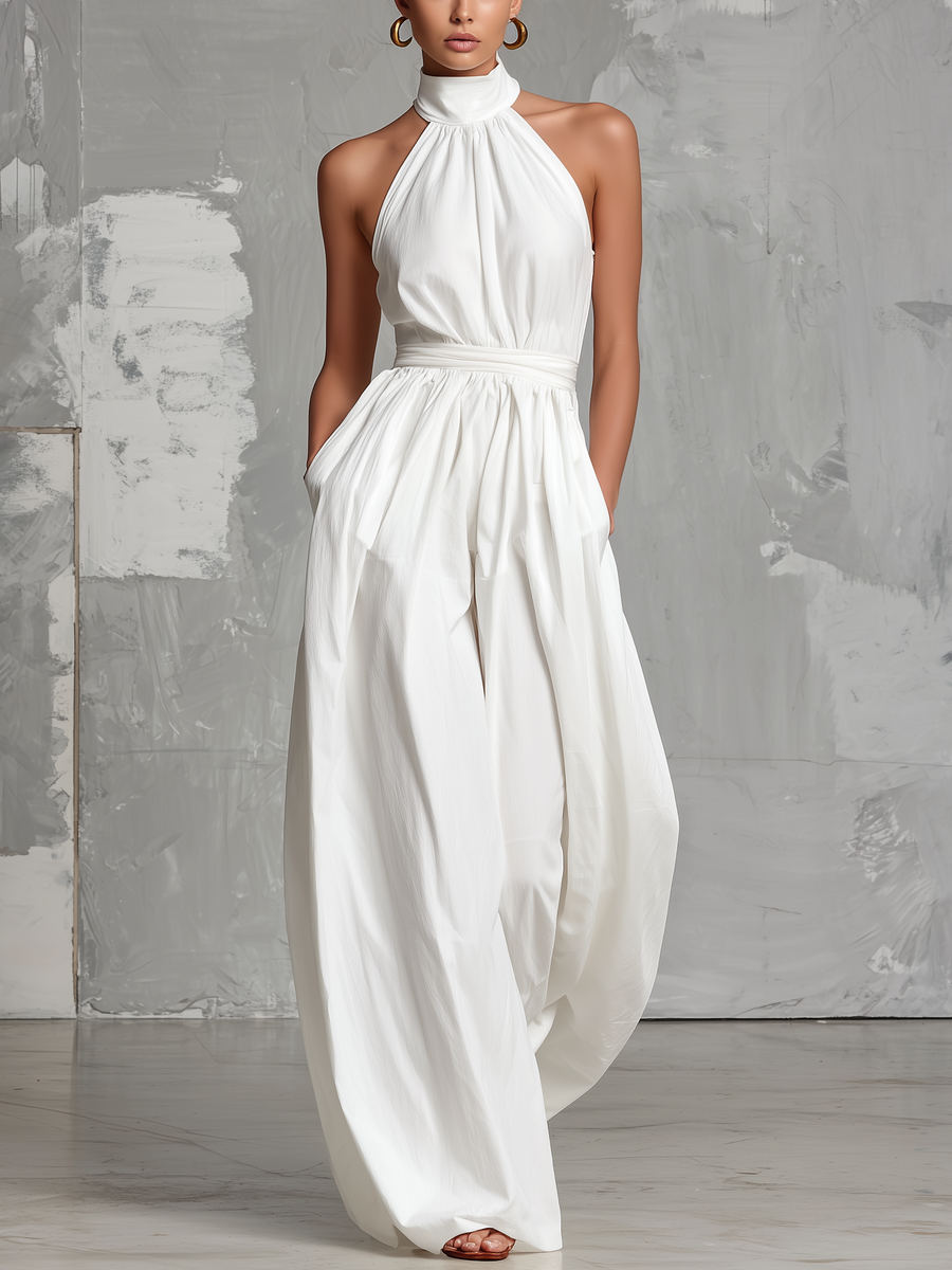 Women's Elegant White Woven Sleeveless Halter-neck Jumpsuit MDZ0554A3AN
