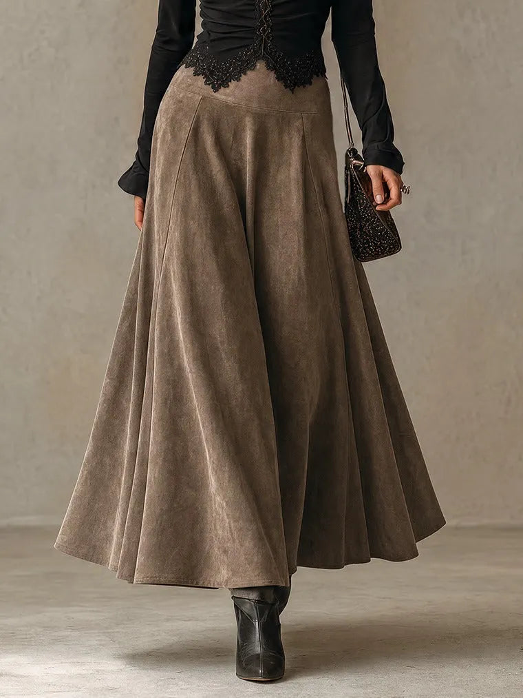 Black lace-trimmed top and faux-suede flared maxi skirt set