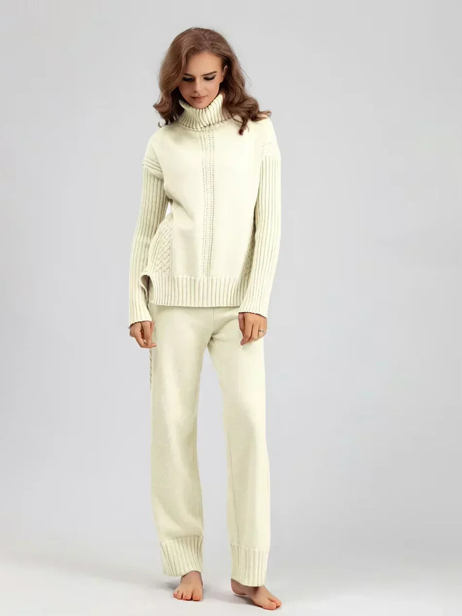 Scarlett - Chic High-Neck Knit Sweater & Loose Pants Set