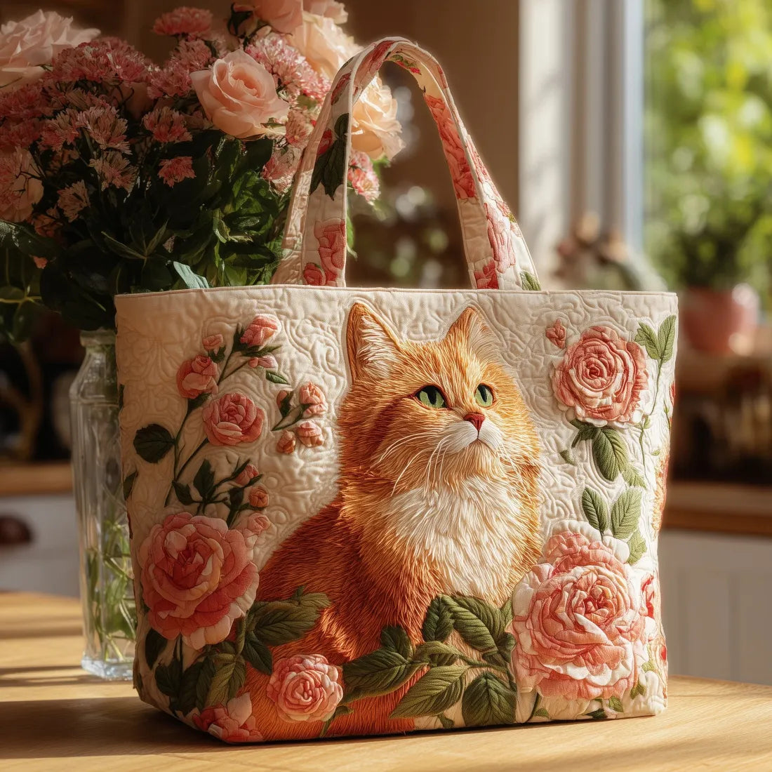Artisanal Red Cat Bag with Roses