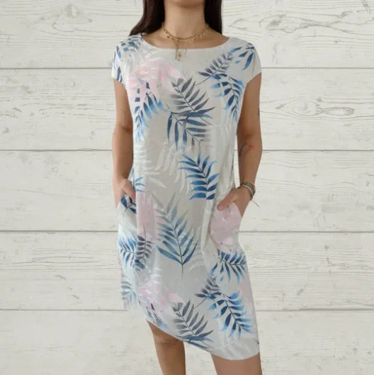 Printed summer dress in cotton and linen for women with pockets