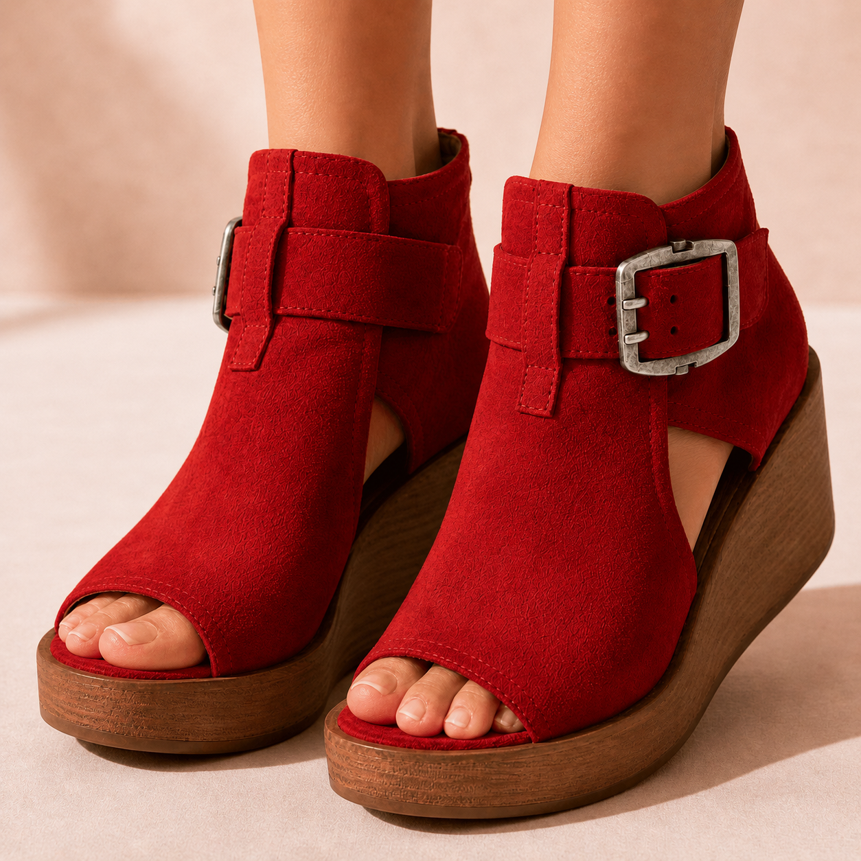 Elsera – Peep-Toe Platform Wedges with Buckle Detail