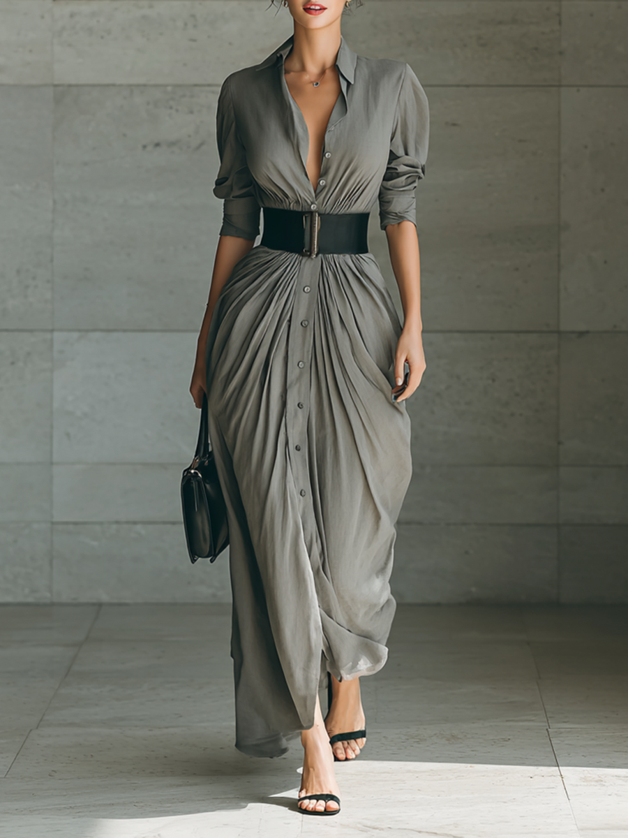 Ladies Lapel Long Sleeve Single Breasted Belt Maxi Dress MDA1758G1Y
