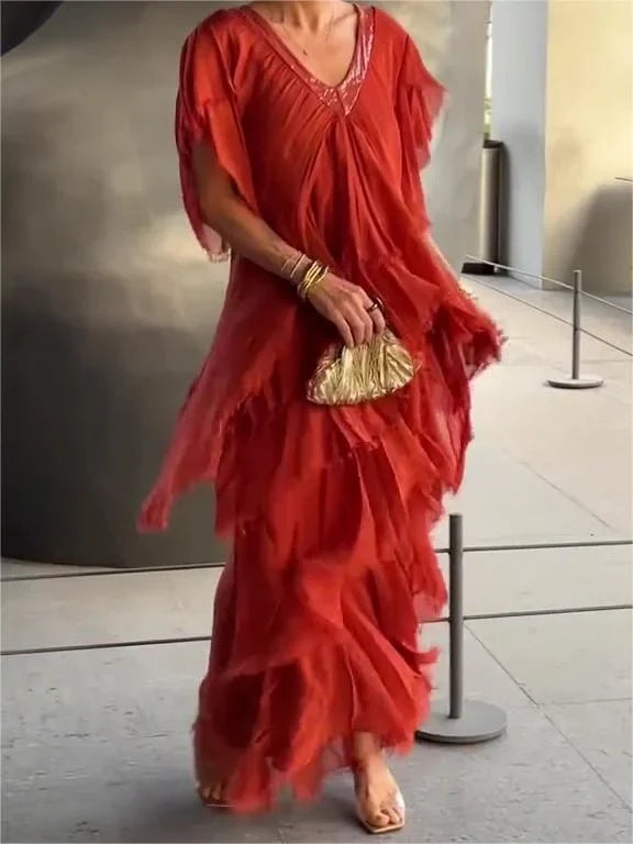 Elegant Maxi Dress with V-Neck and Ruffled Sleeves