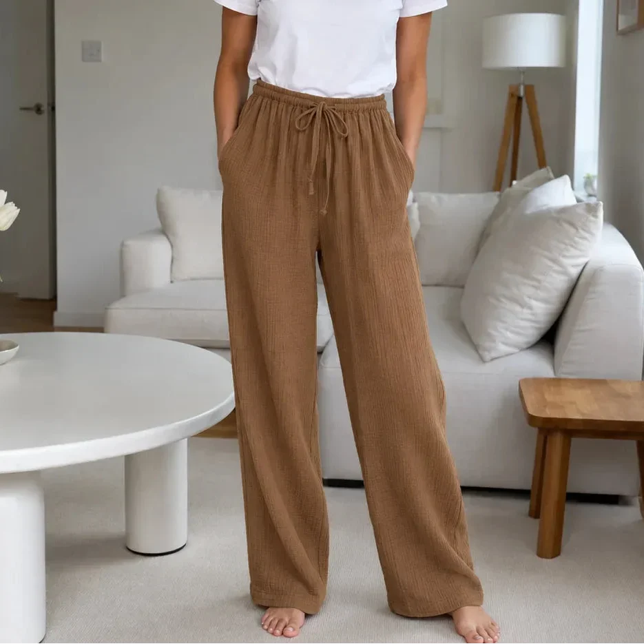 Loravie – Crinkle Wide Leg Elastic Waist Lounge Pants for Women