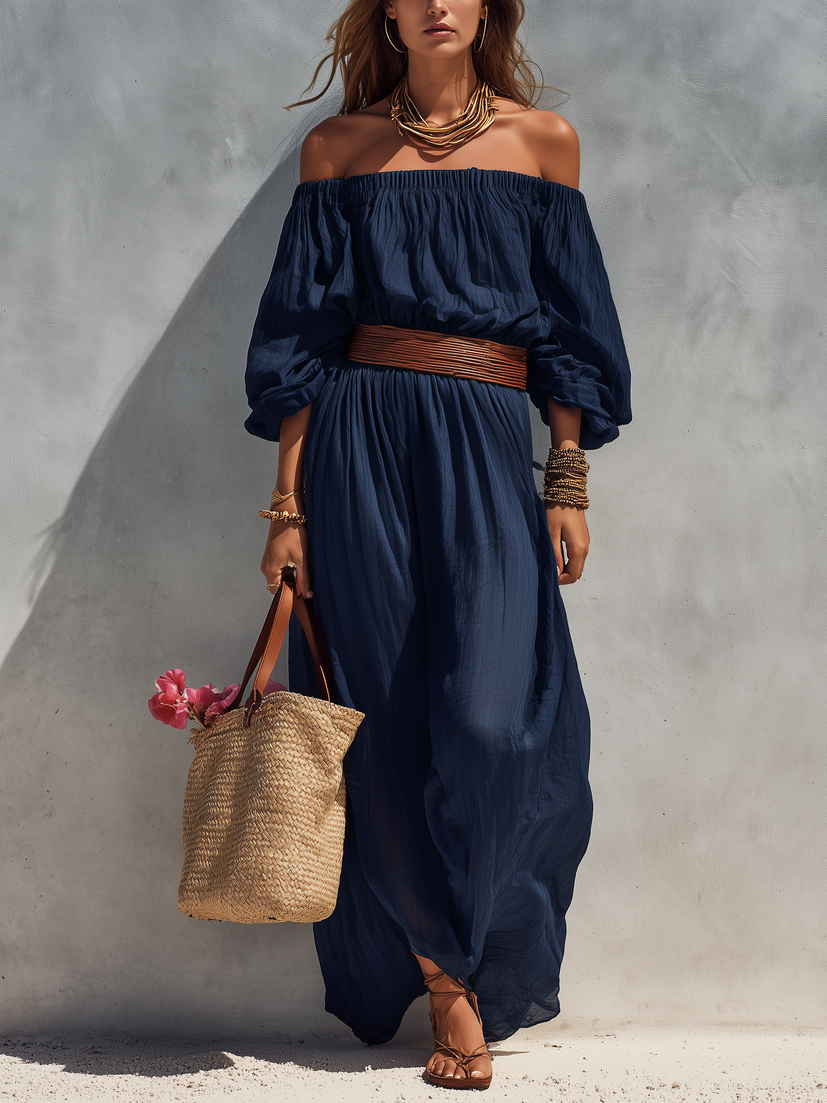 Women's Casual Dark Blue Cotton Linen Strapless Long-sleeved Dress (belt Not Included) MDZ1281C1AN