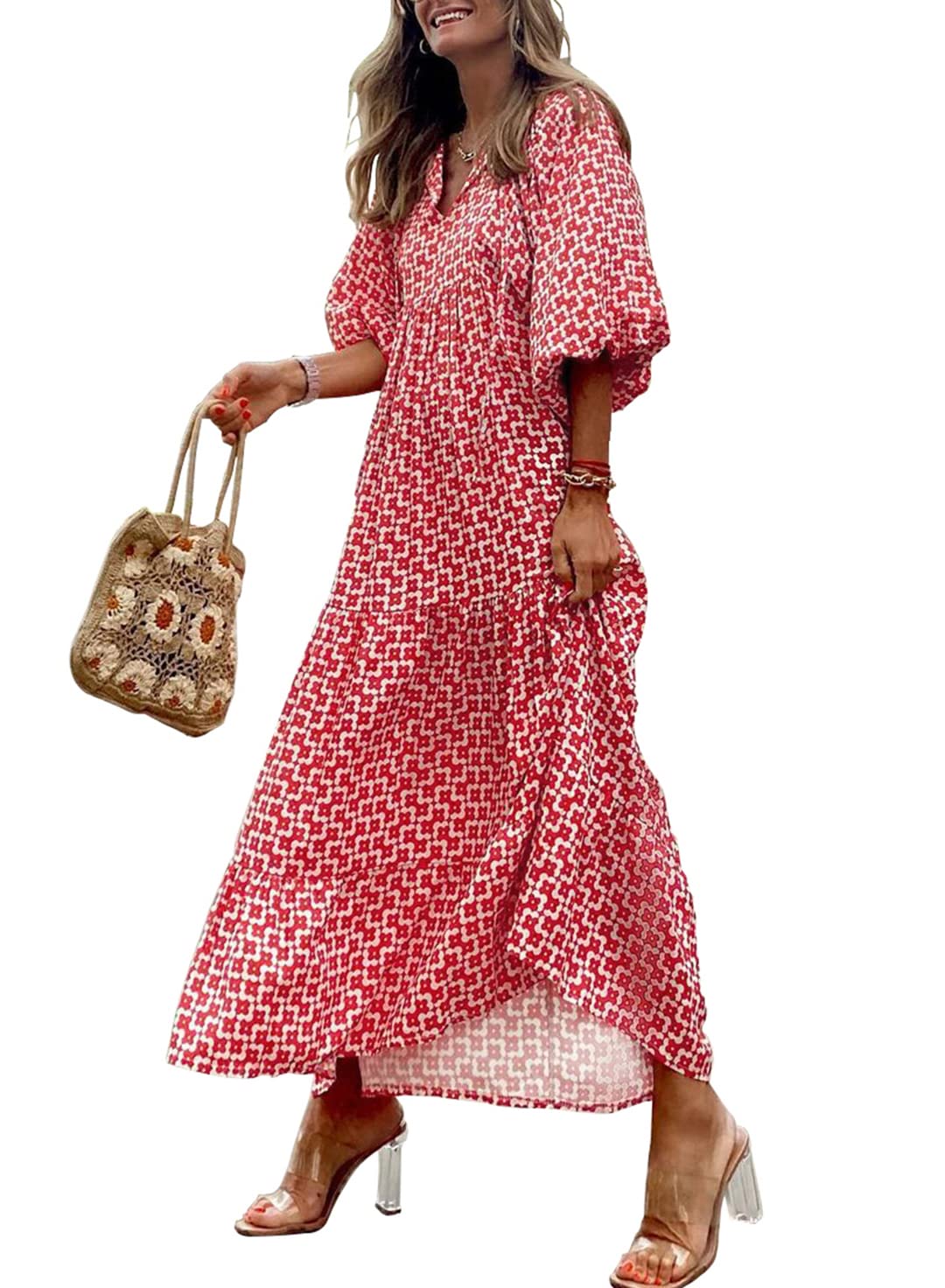 WINONA – WOMEN'S PUFF SLEEVE GEOMETRIC BOHEMIAN MAXI DRESS