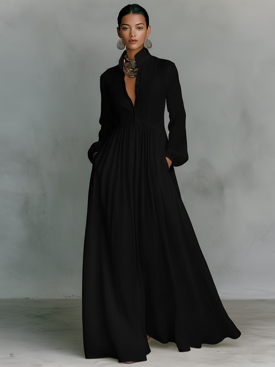 Maxi Minimalist Dress in Cotton and Linen with Patchwork Panels, High Collar and Long Sleeves