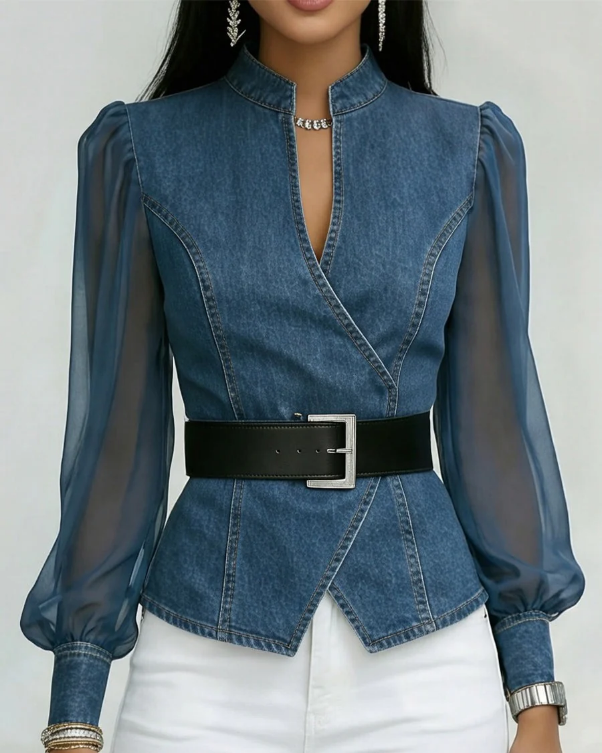 Alessia™ | Denim Top with Lightweight Chiffon Sleeves
