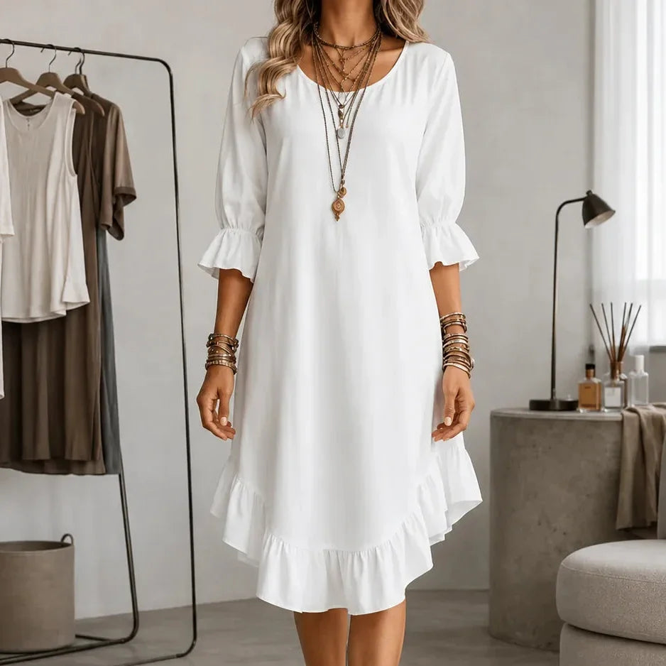 Florenza – Ruffle Hem Midi Dress with Bell Sleeves