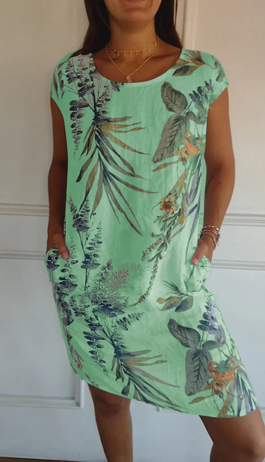 Printed summer dress in cotton and linen for women with pockets