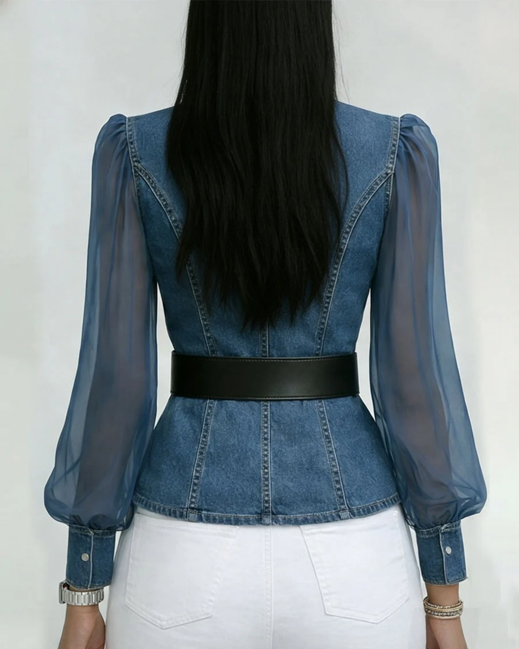 Alessia™ | Denim Top with Lightweight Chiffon Sleeves