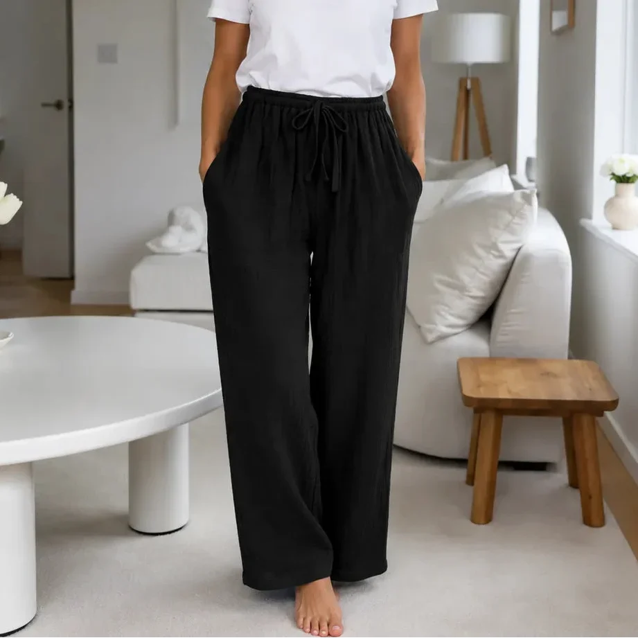 Loravie – Crinkle Wide Leg Elastic Waist Lounge Pants for Women