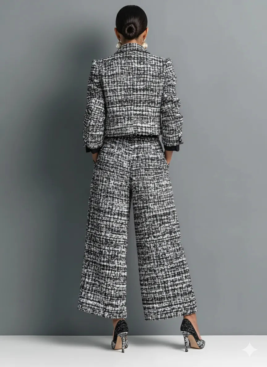 Women's Tweed Blend Single-Breasted Cropped Jacket And Wide-Leg Pants Set MDA2589H6Y