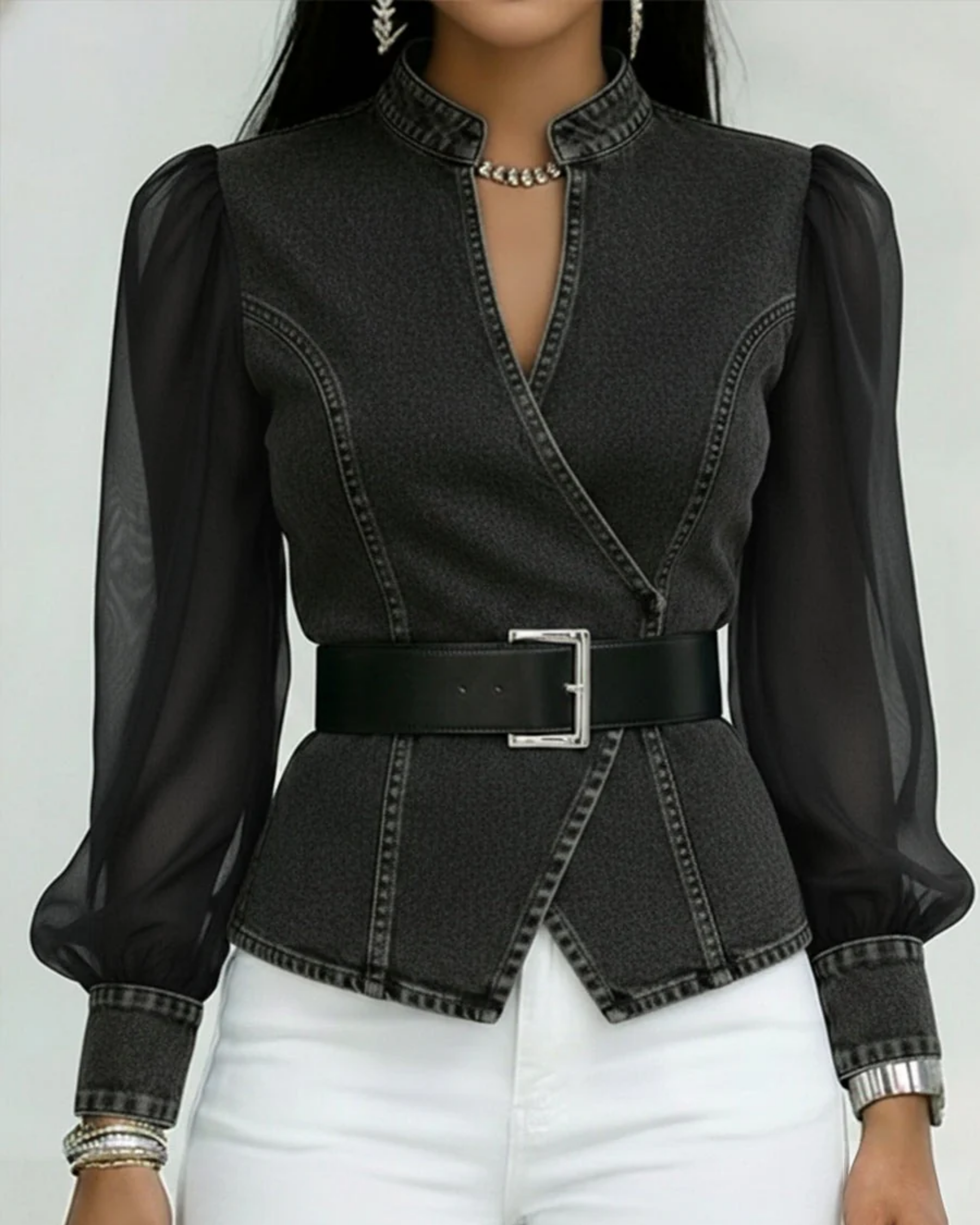 Alessia™ | Denim Top with Lightweight Chiffon Sleeves