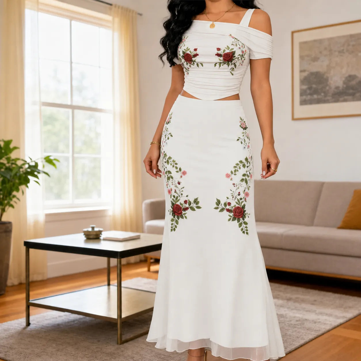 Florenza – Embroidered Off Shoulder Fishtail Skirt Set for Women