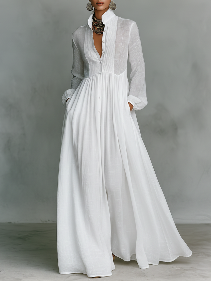 Maxi Minimalist Dress in Cotton and Linen with Patchwork Panels, High Collar and Long Sleeves