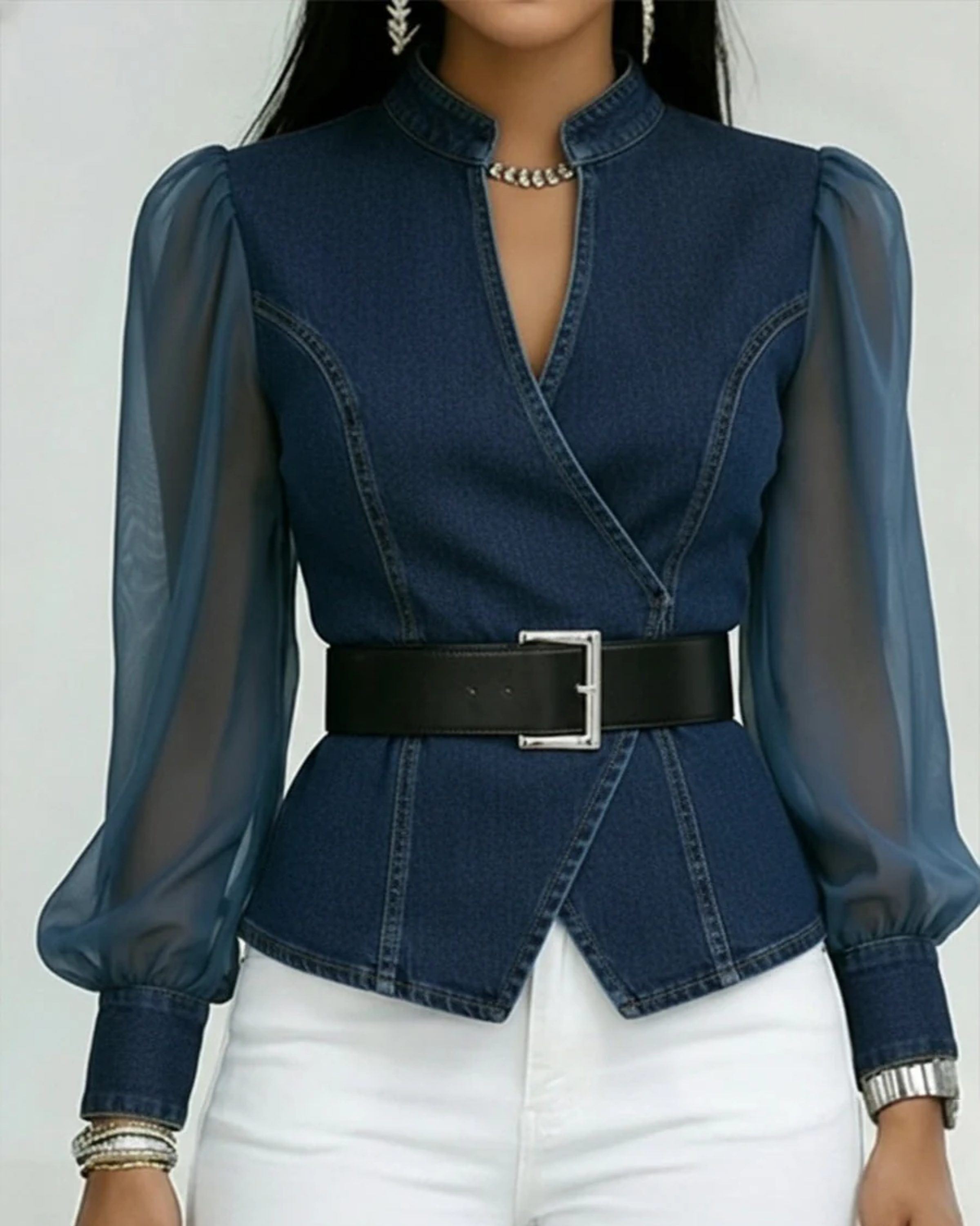 Alessia™ | Denim Top with Lightweight Chiffon Sleeves
